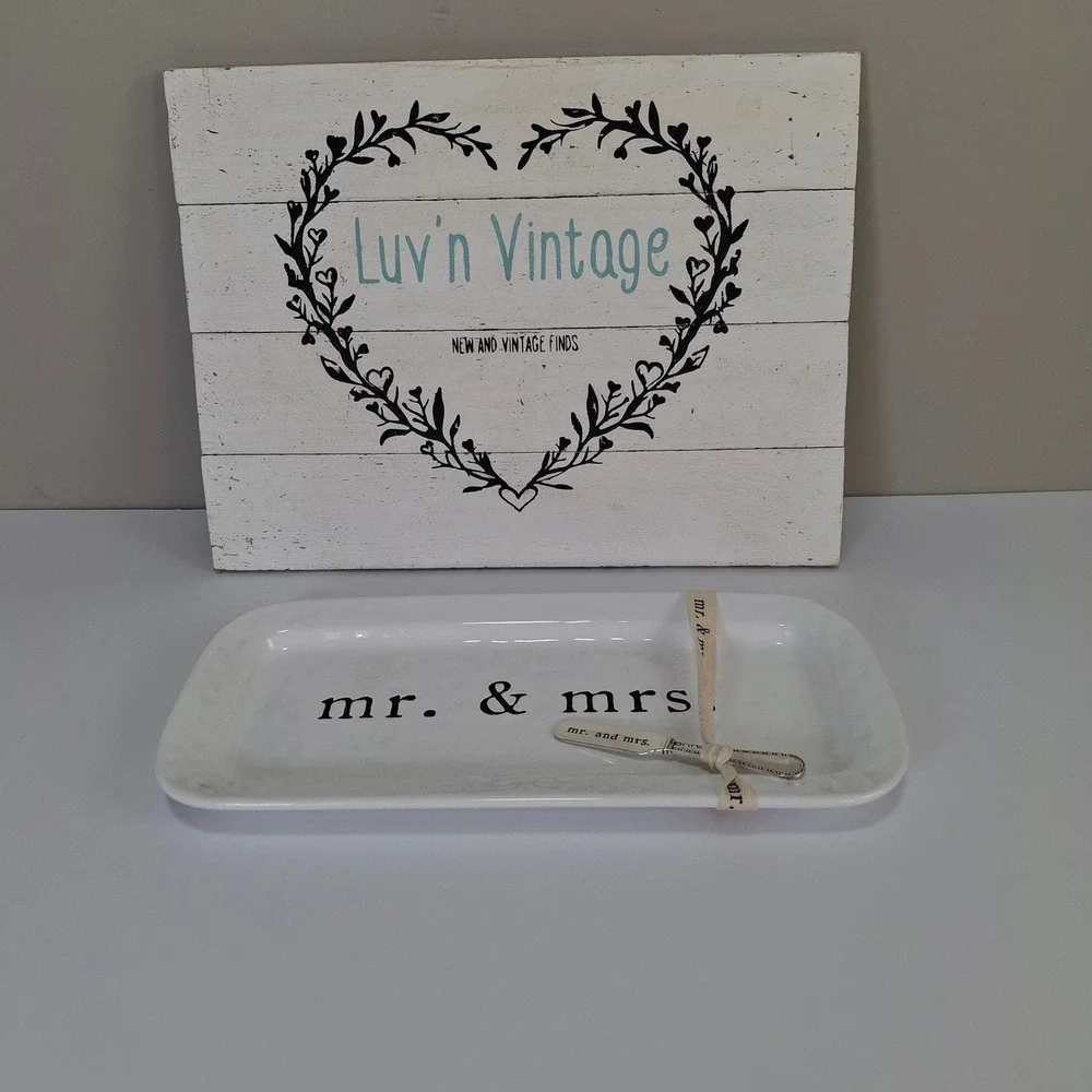 Mud Pie Mr Mrs Ceramic‎ Serving Tray with Spreader Wedding Bridal Shower Gift